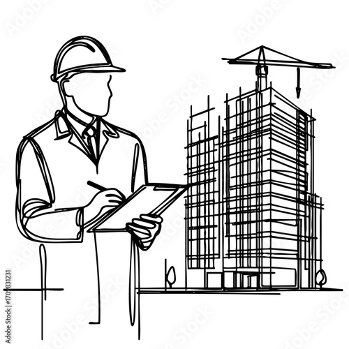 Man wearing a hard hat is writing on a clipboard. He is standing in front of a building