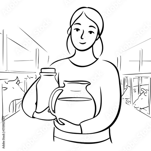 Woman is holding a pitcher and a jar. She is smiling. The scene is set in a store