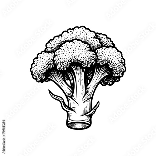 Drawing of a broccoli with a stem and leaves. The drawing is in black and white. The broccoli is the main focus of the drawing, and it is the most important part of the image