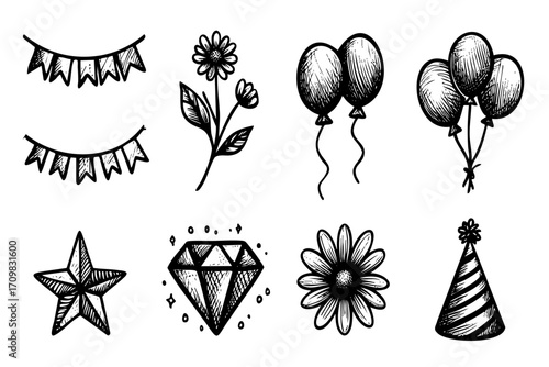 Set of black and white drawings of balloons, flowers, and other party decorations. The drawings are of various sizes and styles, but all have a celebratory and festive feel