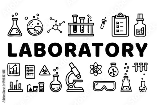 Black and white drawing of various scientific instruments and a word that says Laboratory. The drawing conveys the idea of scientific experimentation and discovery