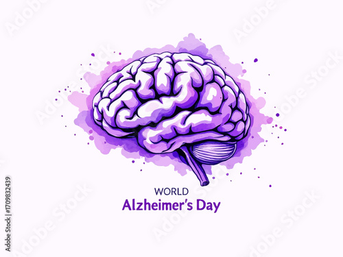 Minimalist vector of a human brain with purple splash and World Alzheimer’s Day text, perfect for health awareness, medical campaigns, and Alzheimer support visuals