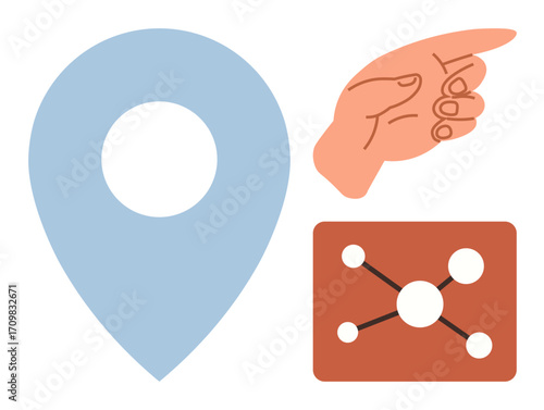Hand gesture, blue pin, and network chart signify navigation, direction, communication, teamwork, planning strategy and networking. Ideal for business geography teamwork. Simple flat metaphor