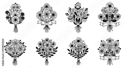 Eight illustrated floral bouquets with delicate details and ribbon accents