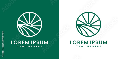 Green farm logo design with sunrise over fields