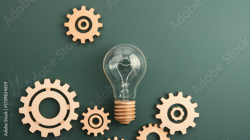Light bulb with gears concept poster symbolizing creativity, invention, innovation, mechanical design, and bright visionary ideas.