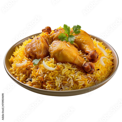 Chicken Dum Biryani on white background