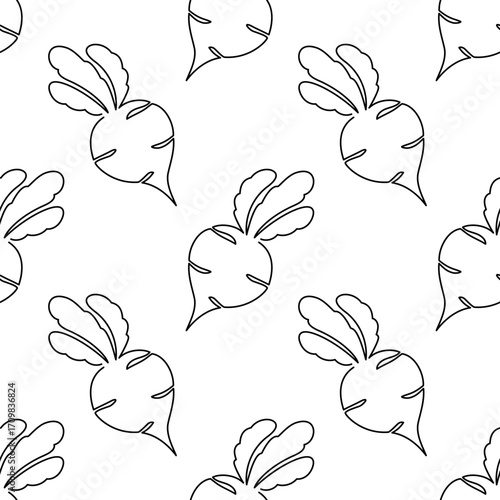 Single line cartoon beet seamless pattern. Food vegetable flat texture. Beetroot in Doodle style. Vector Food Illustration. Hand drawn doodle line art