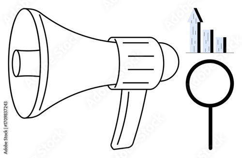 Megaphone, magnifying glass, and bar graph representing marketing, data analysis, research, trends, communication, growth success. Ideal for marketing strategy business advertising innovation