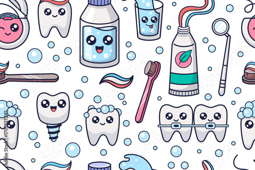 Mouth hygiene kawaii seamless pattern. Stomatology concept illustration. Oral hygiene textile design. Dental cleaning cosmetic. Vector