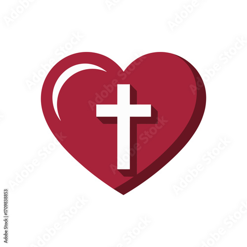 Red heart with cross symbol, faith icon graphic, spiritual love theme, religion concept, glossy vector sticker style