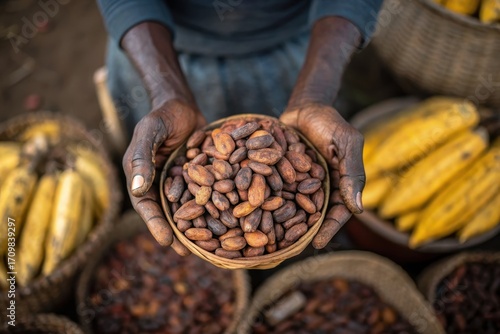 Top view of hands holding a pile of fermented cocoa beans,