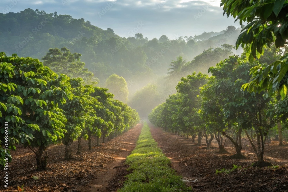 Naklejka premium Wide plantation view of rows of cocoa trees in a tropical rainforest,