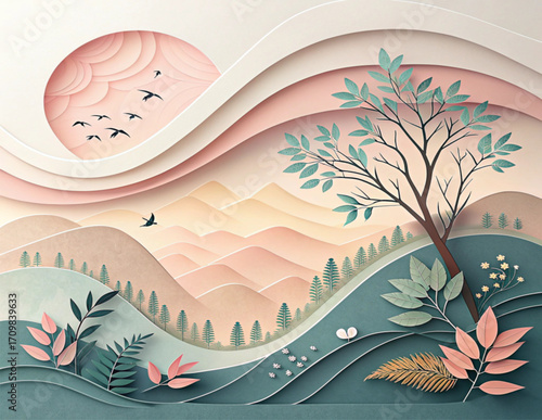 Minimal Pastel Paper Cut Abstract Layers Background