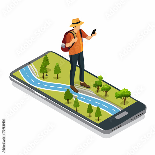Traveler, tourist searching route, road, location, way on smartphone map. Travel and transportation concept. Isometric vector illustration.