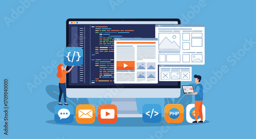 Modern computer desktop screen displaying software development tools and open applications on blue background