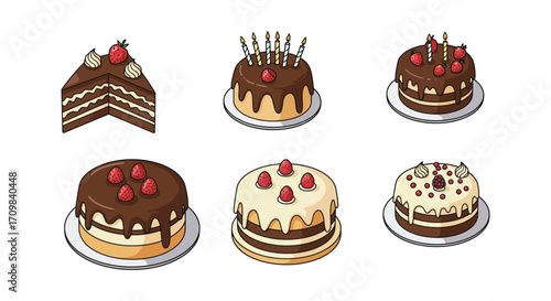 An assortment of delicious chocolate and vanilla cakes with strawberry toppings