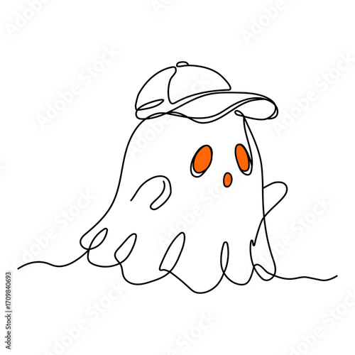 Outline of the profile of a chibi ghost in a cap in one line. Cute Halloween illustration. Funny monster


