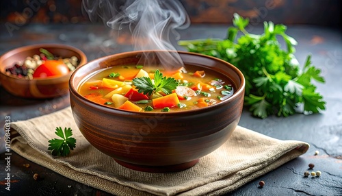 Rustic Vegetable Soup in Wooden Bowl with Steam Parsley and Herbs on Burlap Cloth on Dark Background Healthy Eco Lifestyle Culinary Still Life