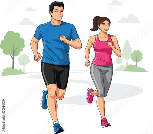 Cartoon jogging scene, outdoor fitness, healthy lifestyle, running couple, park path, vector illustration, exercise activity, active people, nature background, sportswear