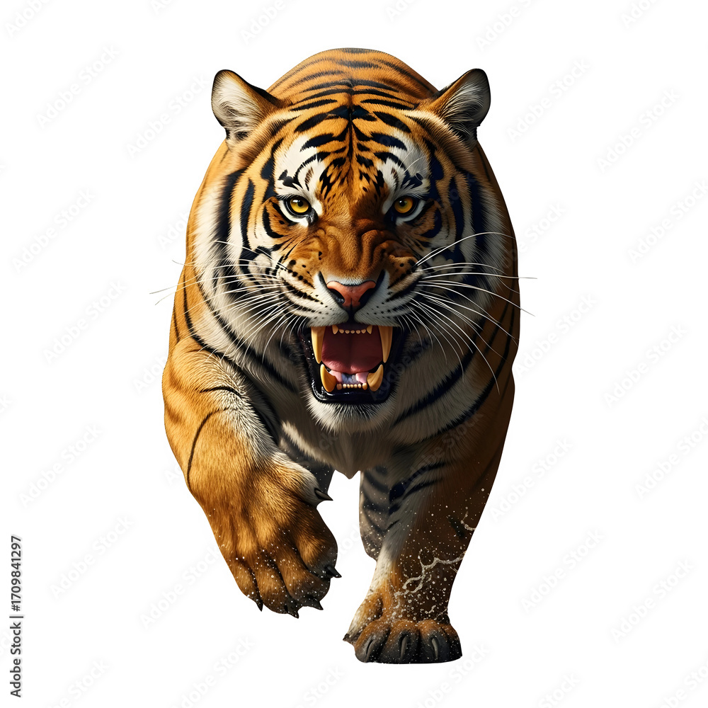 Obraz premium Fierce tiger lunging forward with bared teeth, capturing raw power and primal energy