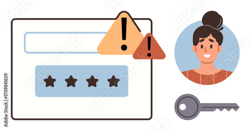 Login box with error icons, user profile, and key for password recovery. Ideal for security, authentication, password management, online safety, alerts, user login issues modern digital interface