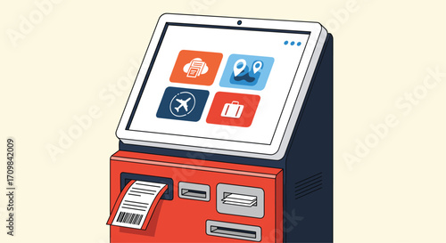 Modern red self-service kiosk with touchscreen displaying app icons and payment slot