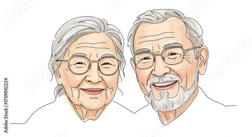 Grandfather and grandmother smiling portrait, one line doodle drawing with watercolor fill, minimalistic vector illustration on white background, International Day of Older Persons