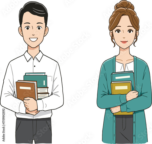 Academic illustration, cartoon students, book stack, white shirt, teal cardigan, character design, education theme, study scene, learning moment, scholarly vibe