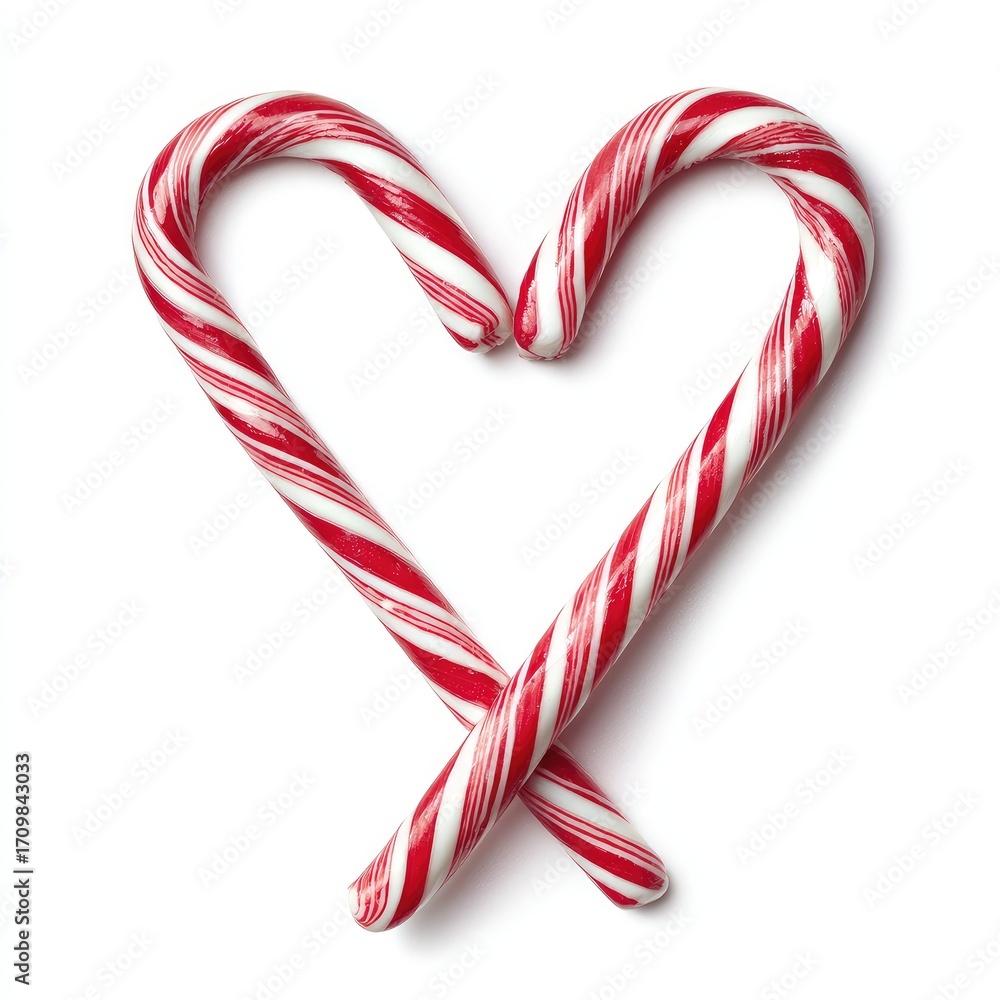 Fototapeta premium Two candy canes intertwined to form a heart shape, against a white background. Striped red and white candy canes. Sweet, festive, holiday, Christmas, love, shape, heart