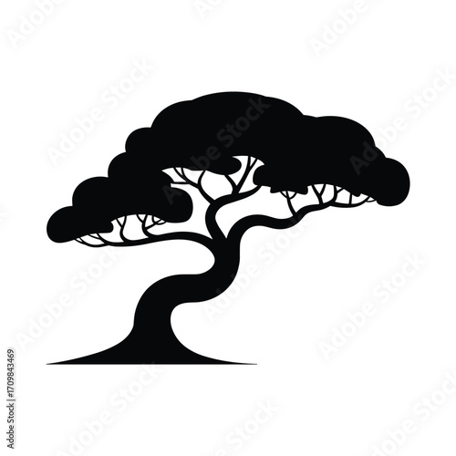 Silhouette of a stylized tree with graceful curves and a full leafy canopy against a clean backdrop