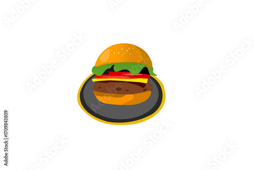 cheeseburger on a dark gray plate with a yellow rim. 