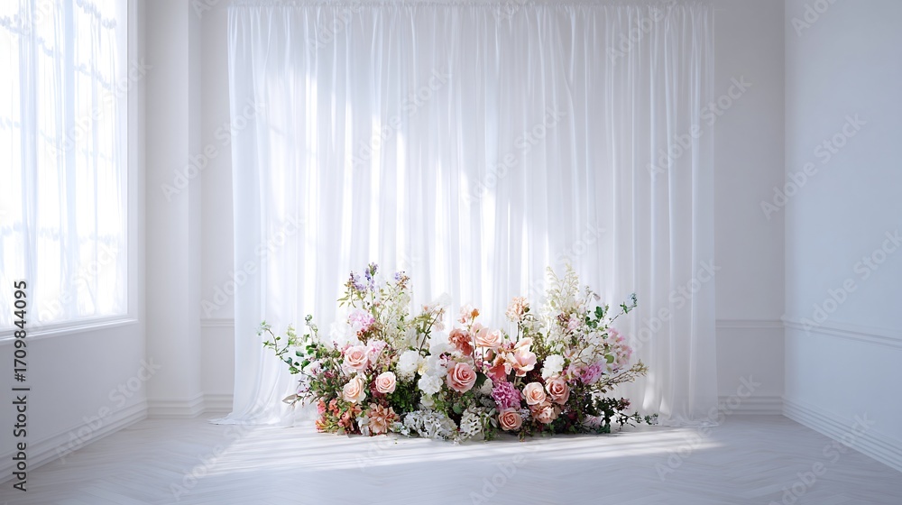 Fototapeta premium Beautiful flower arrangement displayed in a room against a plain white backdrop with soft texture