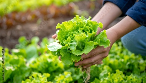 Farmer harvesting fresh lettuce with organic garden Healthy eating, and sustainable farming.