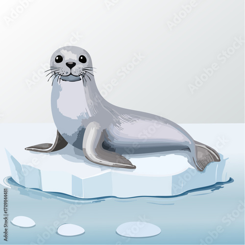 3D Robbe, liegend auf Eisfläche, realistische Texturen, fotorealistisch, kalte Umgebung, weiches Licht