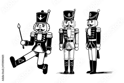 Three classic nutcracker toy soldiers in black and white ink art style on white background, representing vintage holiday decoration concept