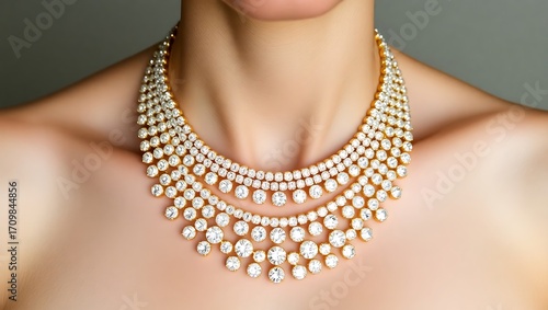 Elegant woman showcasing a luxurious multi-layered gemstone necklace on her neck and chest, a close-up view of opulent fine jewelry
