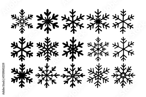 Set of black snowflake icons in hand-drawn style on clean white background, showing winter, cold, and seasonal decoration elements