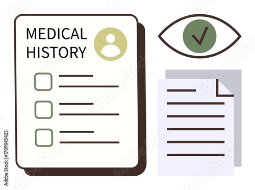 Medical history form with checkboxes, reviewed document stack, and approval eye icon. Ideal for healthcare, patient record, data analysis, compliance, health inspection, audit simple flat metaphor