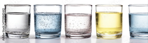Four short glasses of varying liquids
