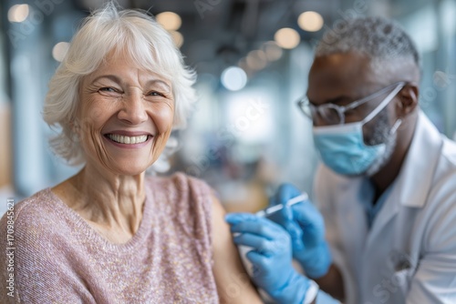 Older woman smiling while receiving vaccination in a medical clinic