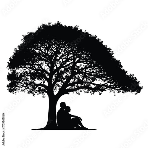 Silhouette of couple sitting under a sprawling tree silhouette sharing a moment of peace and connection silhouette