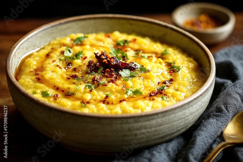 Moong dal khichdi with ghee drizzle and spicy pickle in rustic grey bowl