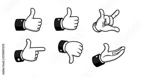 Cartoon hands showing different gestures: thumbs up, pointing, rock on, etc.