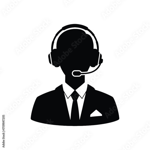 Professional silhouette of a customer service representative wearing headphones and suit silhouette