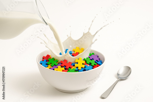 Colorful Puzzle Piece Cereal with Milk Splash in White Bowl
