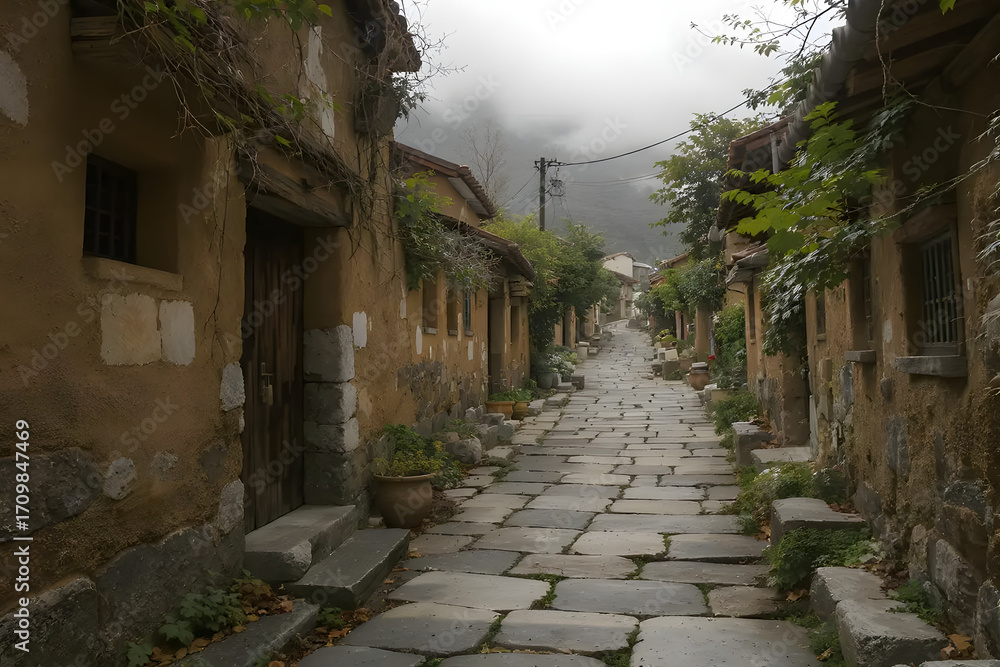 Obraz premium Serene Village Path with Soft Sunlight