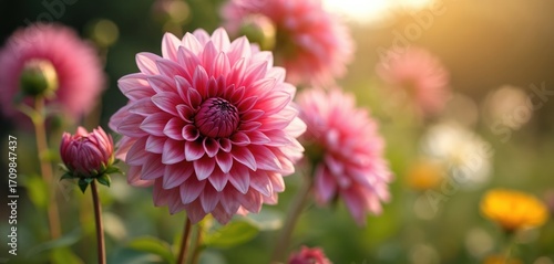 Pink dahlias bloom in a summer garden. Delicate pastel petals catch the soft sunlight. Rich green foliage creates a natural backdrop for these vibrant, fresh flowers, evoking romance and beauty.