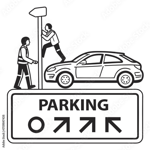 Cartoon illustration of a car service sign with a fun taxi driver on the road