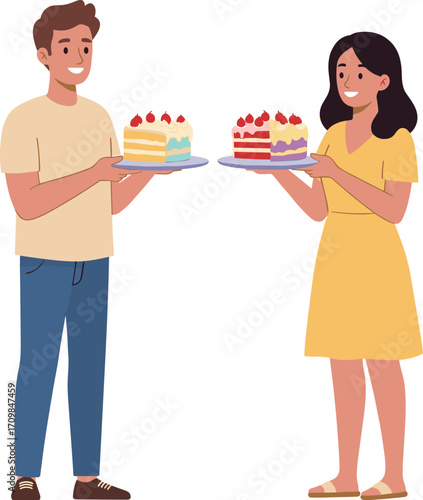 Couple holding cake slices, dessert sharing moment, celebration scene, cheerful characters, sweet treat presentation, vector illustration, lifestyle food concept